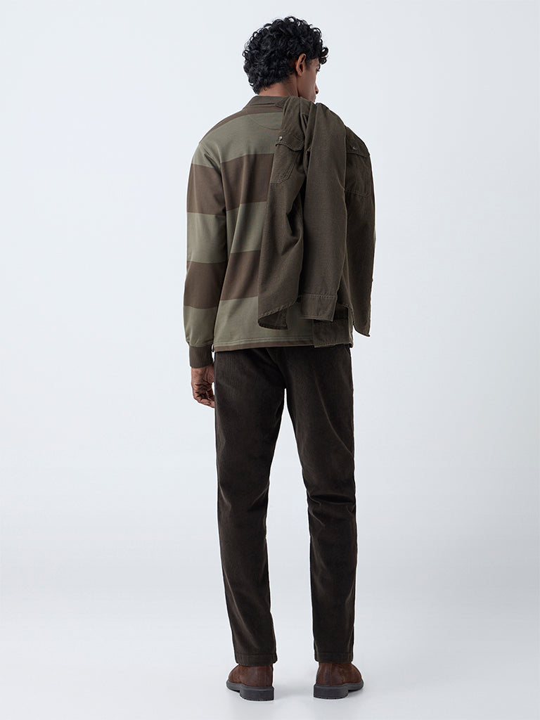 WES Casuals Dark Olive Relaxed Fit Mid-Rise Corduroy Chinos