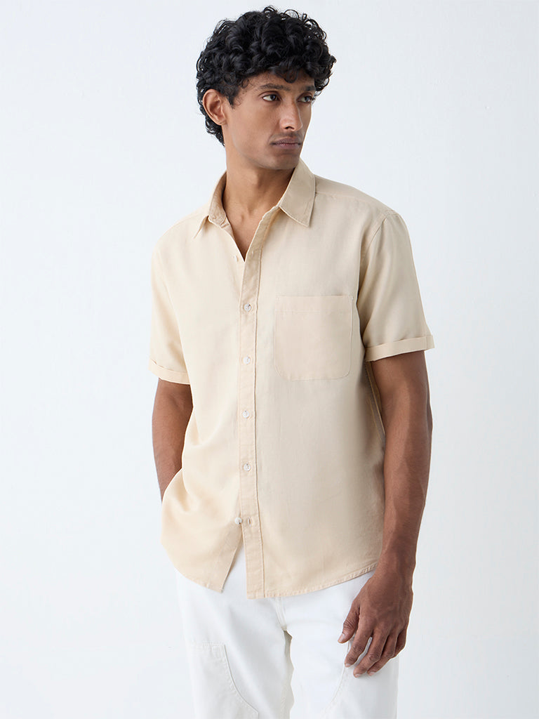 WES Casuals Beige Solid Relaxed-Fit Linen-Blend Shirt
