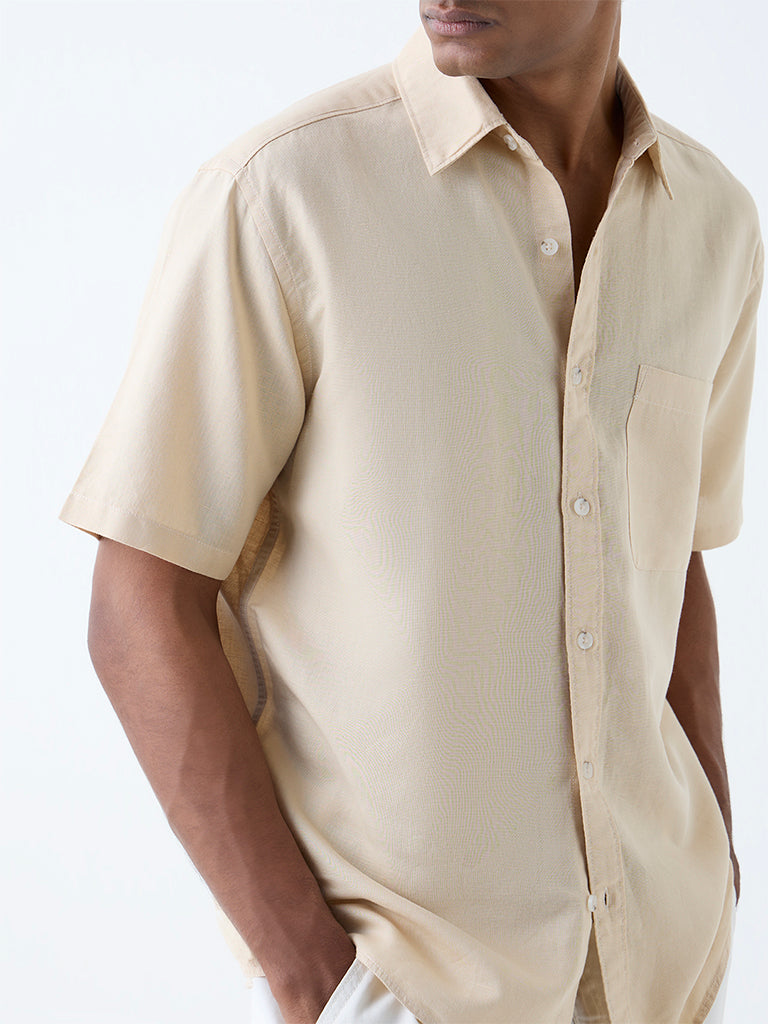 WES Casuals Beige Solid Relaxed-Fit Linen-Blend Shirt