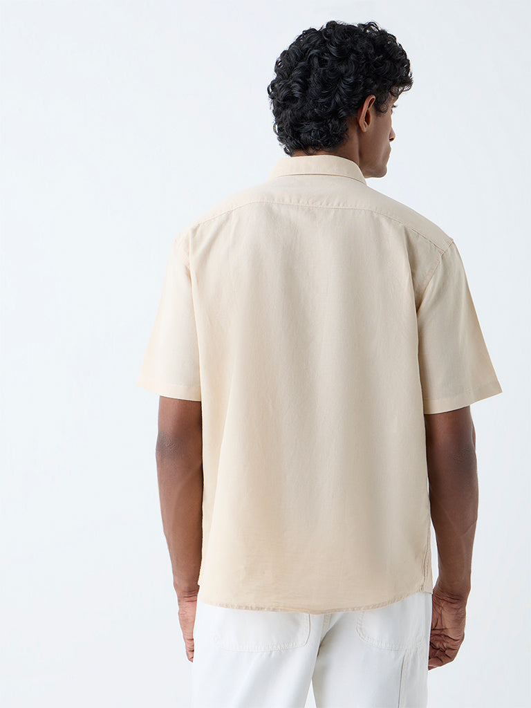 WES Casuals Beige Solid Relaxed-Fit Linen-Blend Shirt