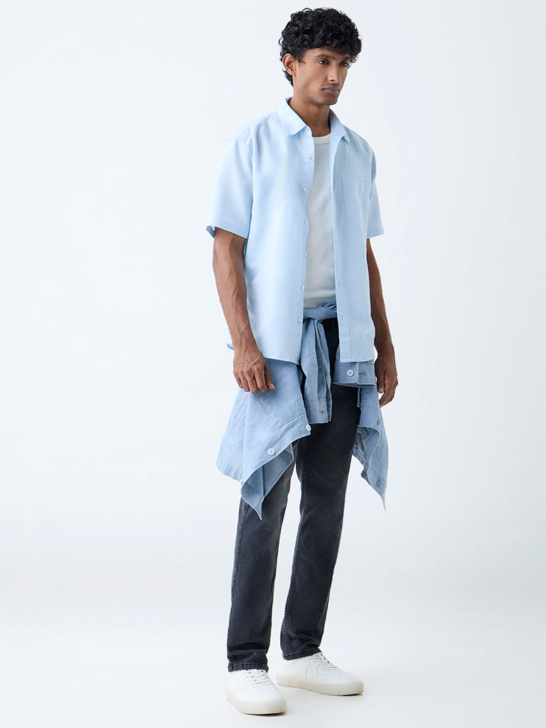 WES Casuals Light Blue Solid Relaxed-Fit Linen-Blend Shirt
