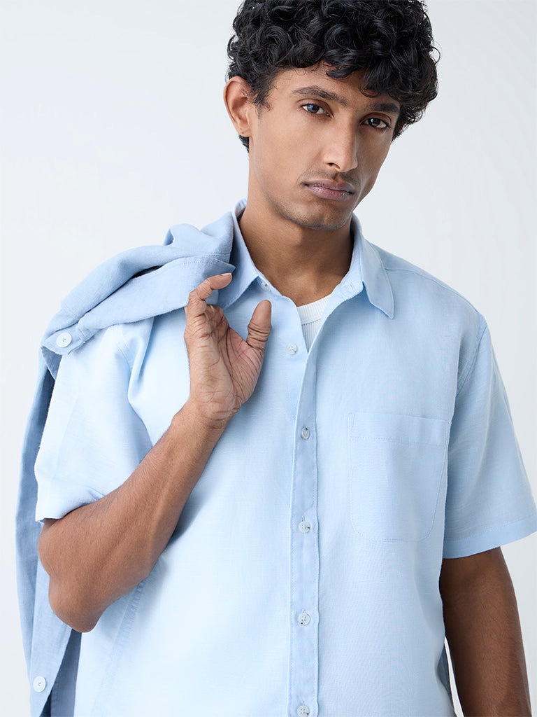 WES Casuals Light Blue Solid Relaxed-Fit Linen-Blend Shirt