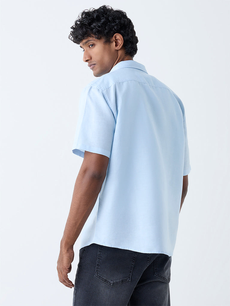 WES Casuals Light Blue Solid Relaxed-Fit Linen-Blend Shirt