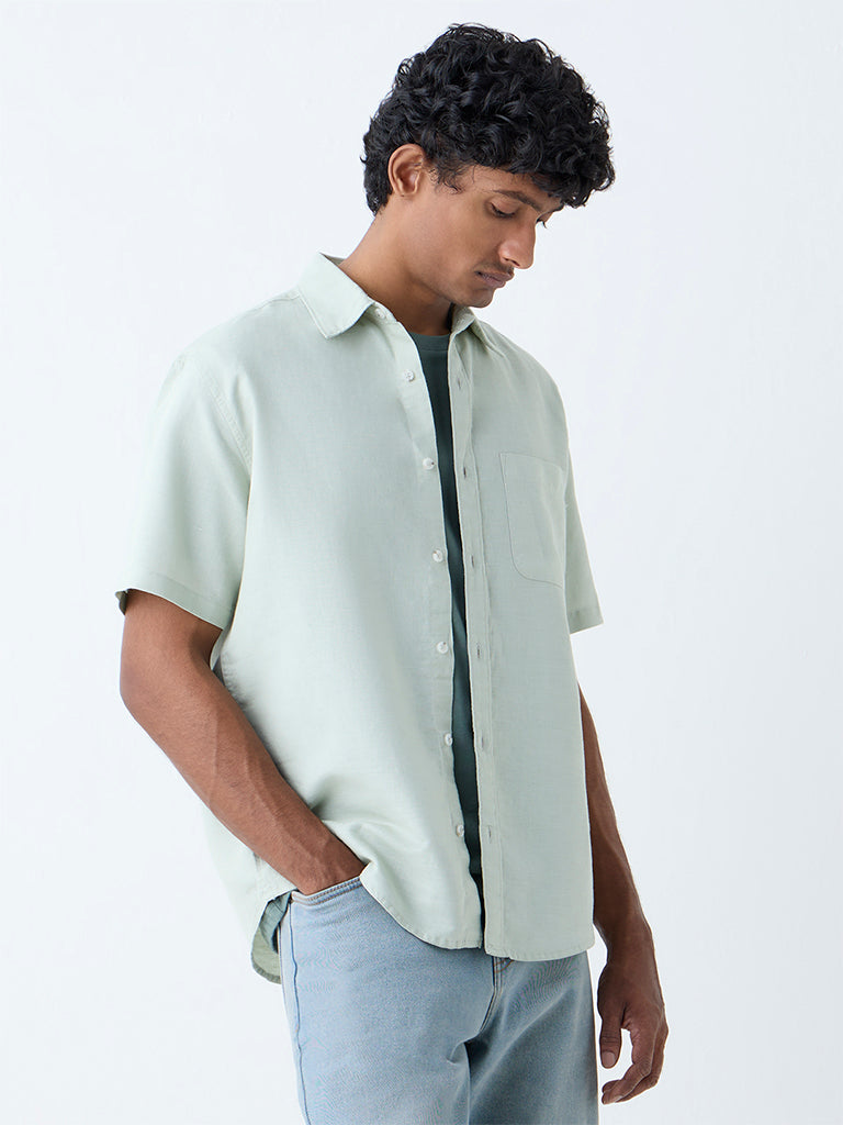 WES Casuals Mint Solid Relaxed-Fit Linen-Blend Shirt
