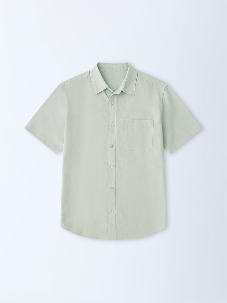WES Casuals Mint Solid Relaxed-Fit Linen-Blend Shirt