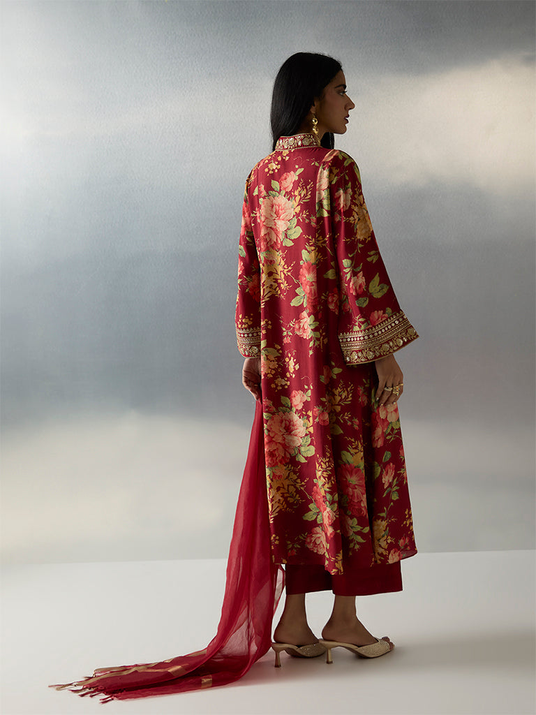 Vark Red Floral Design Anarkali Ethnic Set