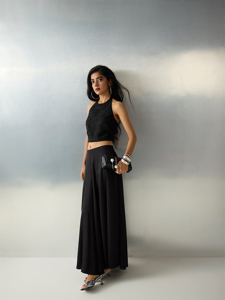 Vark Black Floral Embellished Halter-Neck Top