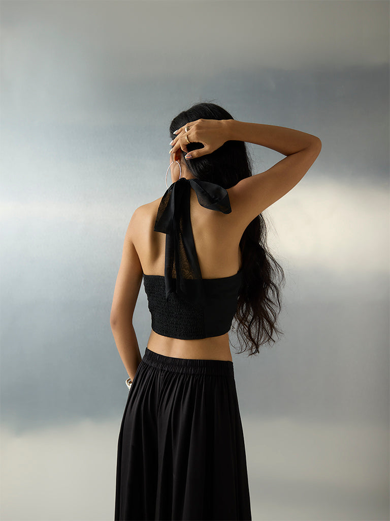 Vark Black Floral Embellished Halter-Neck Top
