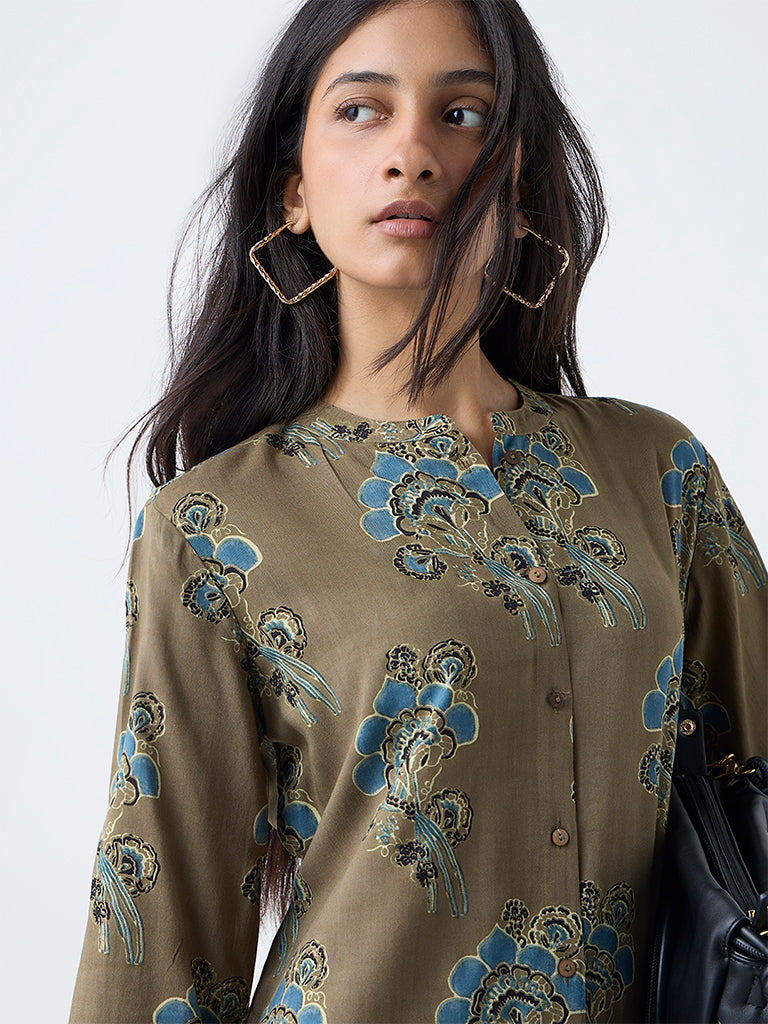 Utsa Olive Floral Pattern A-Line Kurta