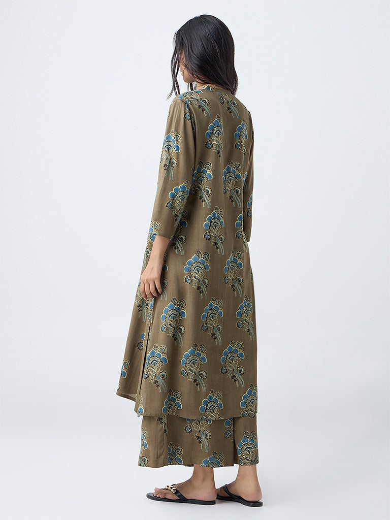 Utsa Olive Floral Pattern A-Line Kurta