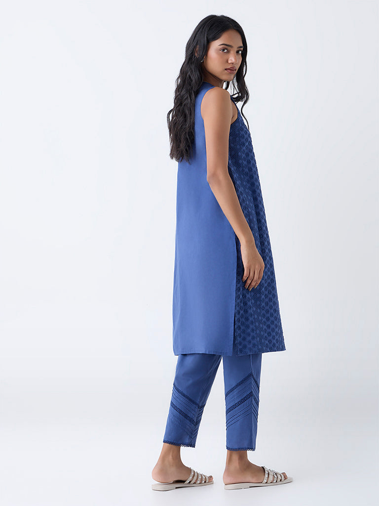 Utsa Indigo Floral Embroidered Cotton Straight Kurta