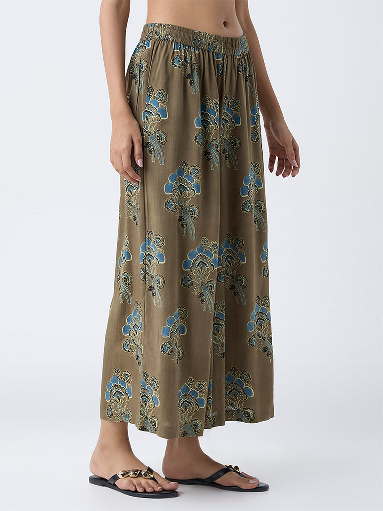 Utsa Olive Floral Pattern Palazzos