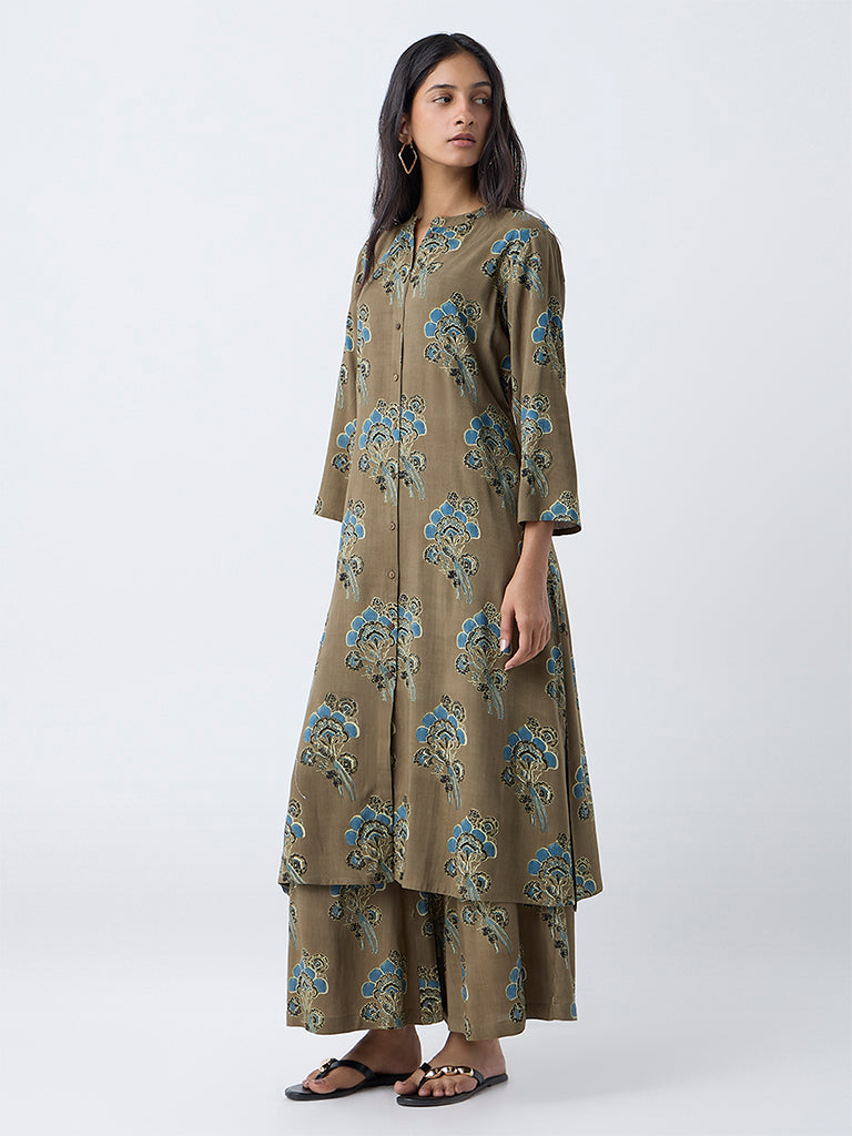 Utsa Olive Floral Pattern Palazzos