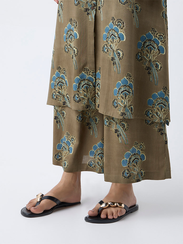 Utsa Olive Floral Pattern Palazzos