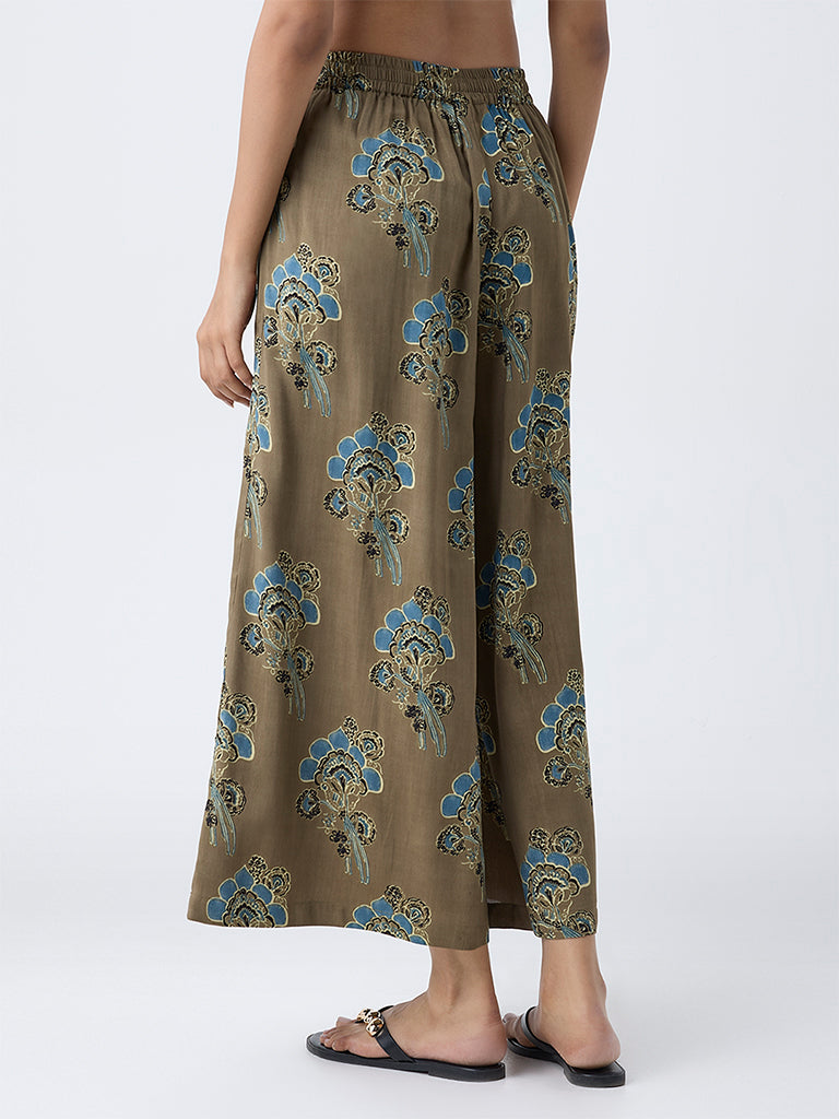 Utsa Olive Floral Pattern Palazzos