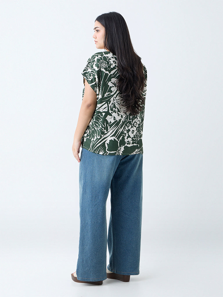 Westside Gia Women's Dark Green Botanical Pattern Top for Casual Wear Back View