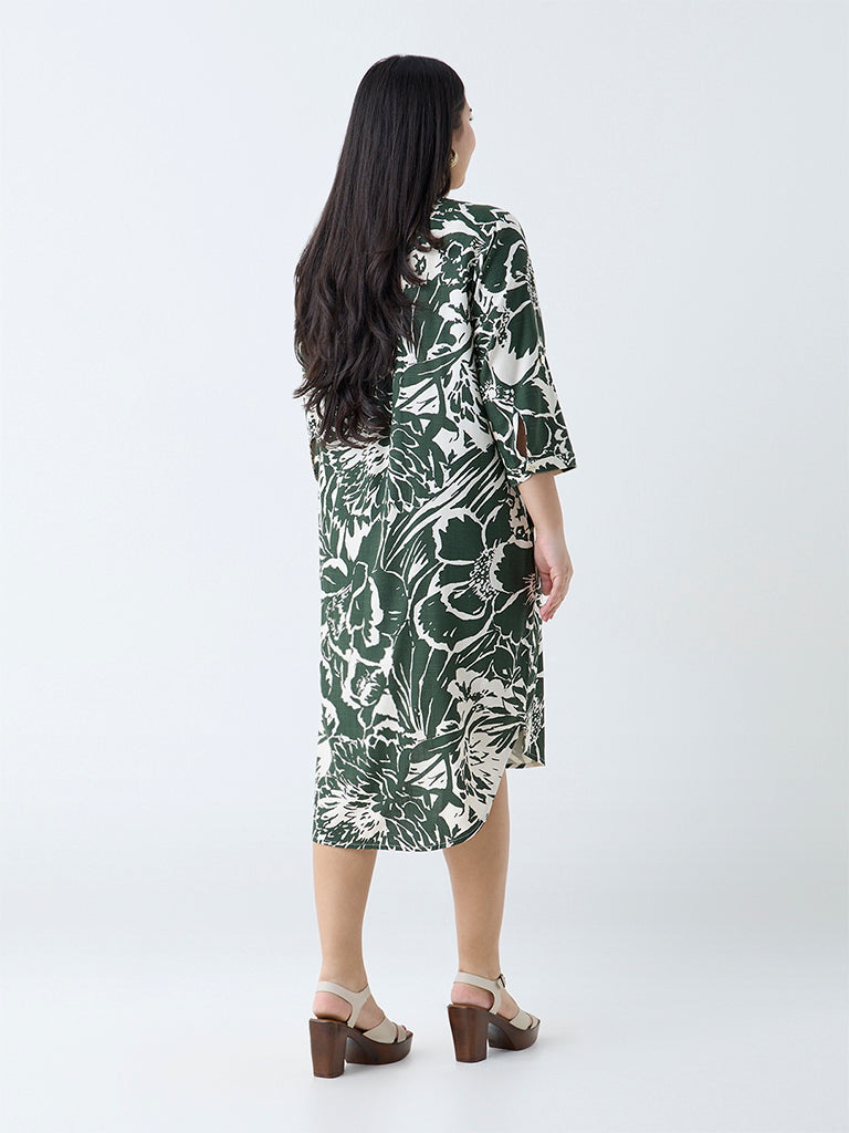 Gia Dark Green Botanical Design Straight Dress
