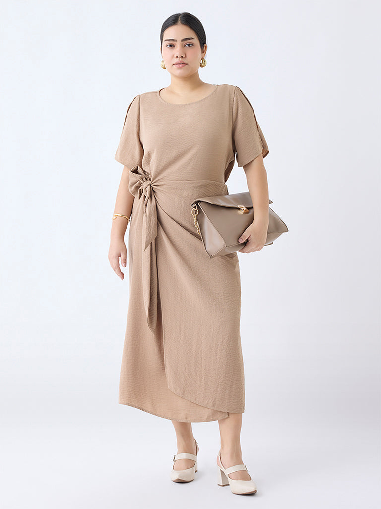Westside Gia Women's Beige Knot-Detailed Straight Dress for Casual Wear Front view