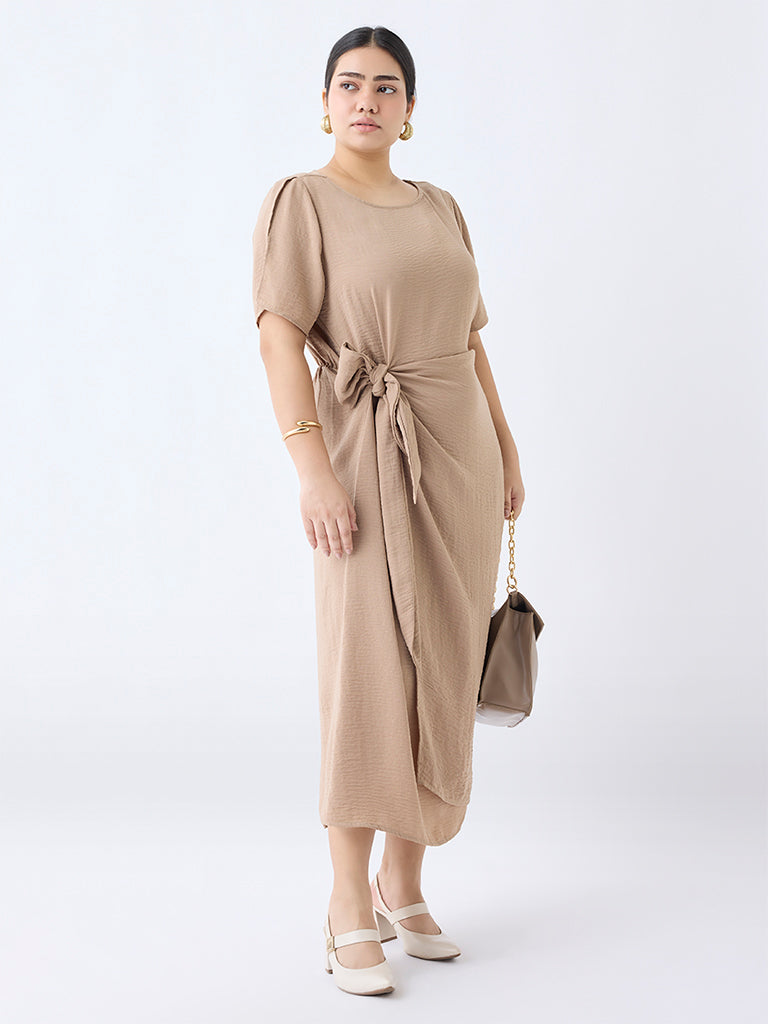 Westside Gia Women's Beige Knot-Detailed Straight Dress for Casual Wear Full View
