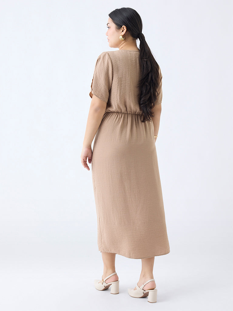 Westside Gia Women's Beige Knot-Detailed Straight Dress for Casual Wear Back View