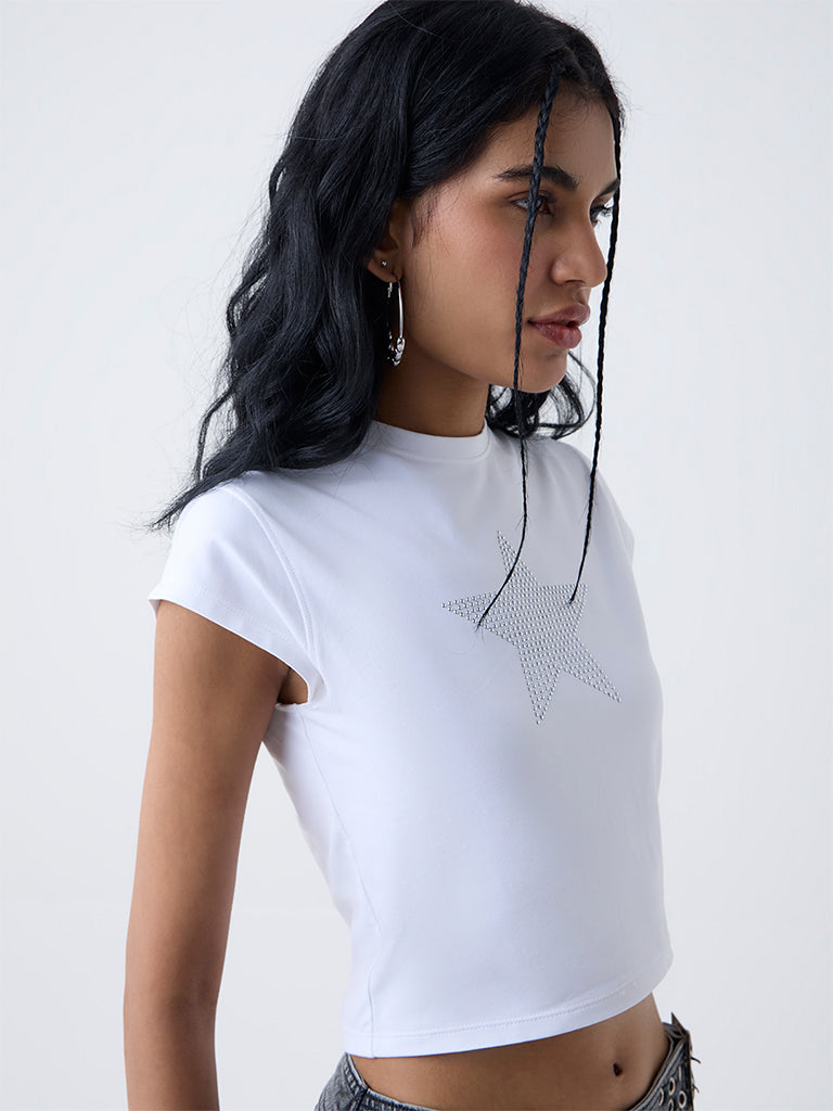 Nuon White Embellished Cotton-Blend T-Shirt