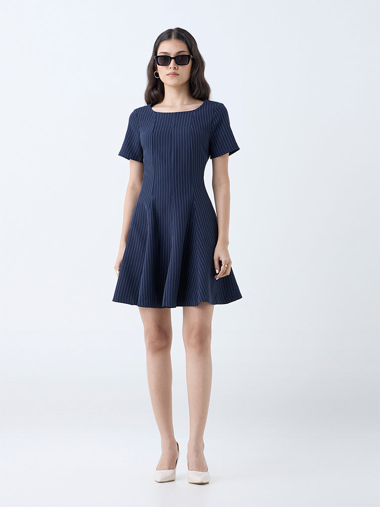 Wardrobe Navy Pinstriped Design A-Line Dress
