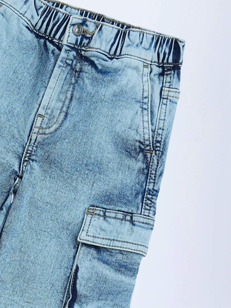 HOP Kids Blue Washed Relaxed-Fit Mid-Rise Cargo Jeans