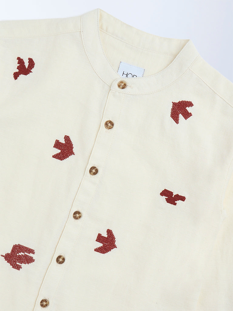 HOP Kids Boys Cream Embroidered Cotton Shirt