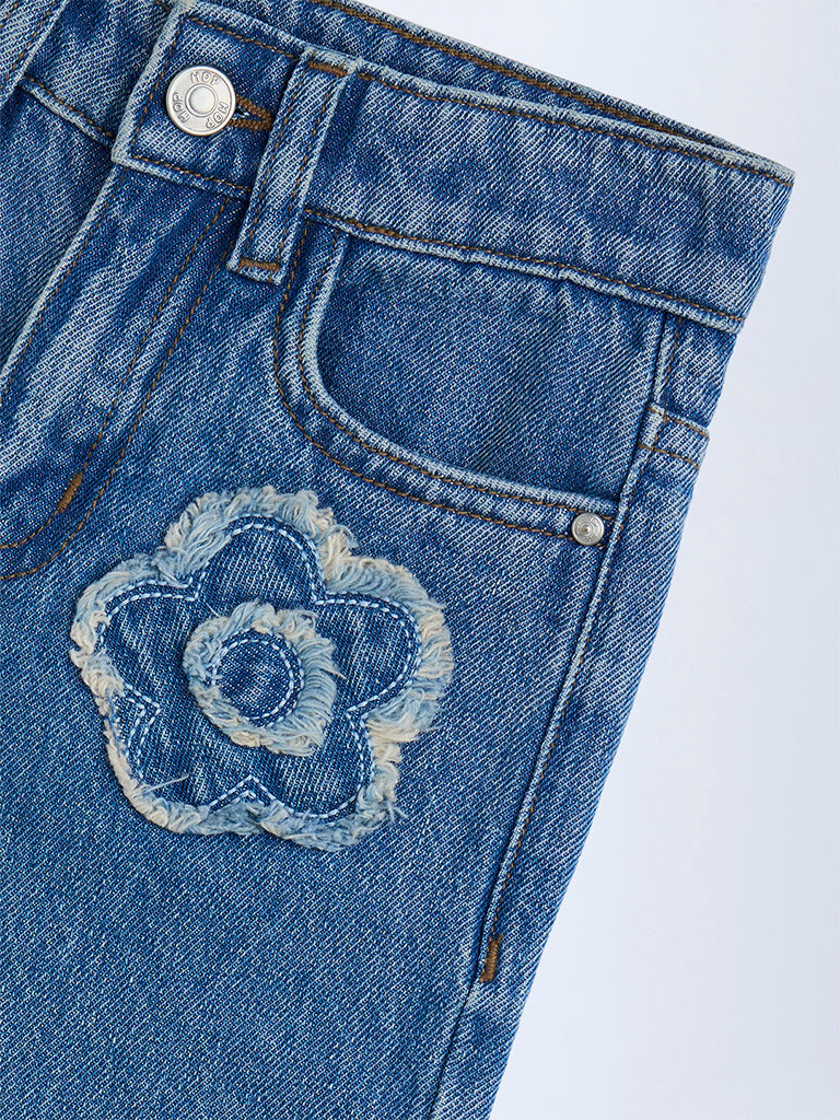 HOP Kids Blue Floral Design High-Rise Relaxed-Fit Jeans