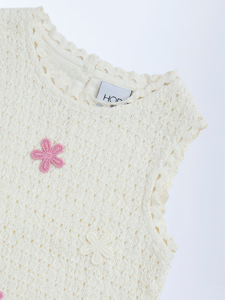 HOP Kids Off-White Floral Embroidered Cotton Top