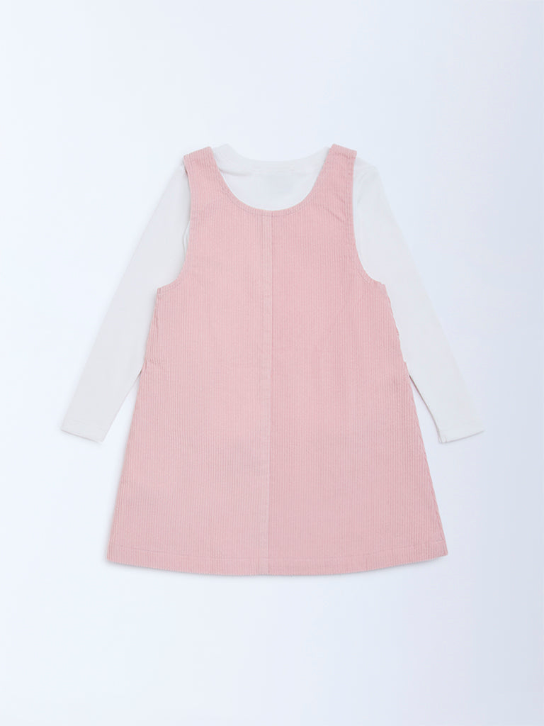 HOP Kids Pink Embroidered Cotton T-Shirt and Pinafore Set