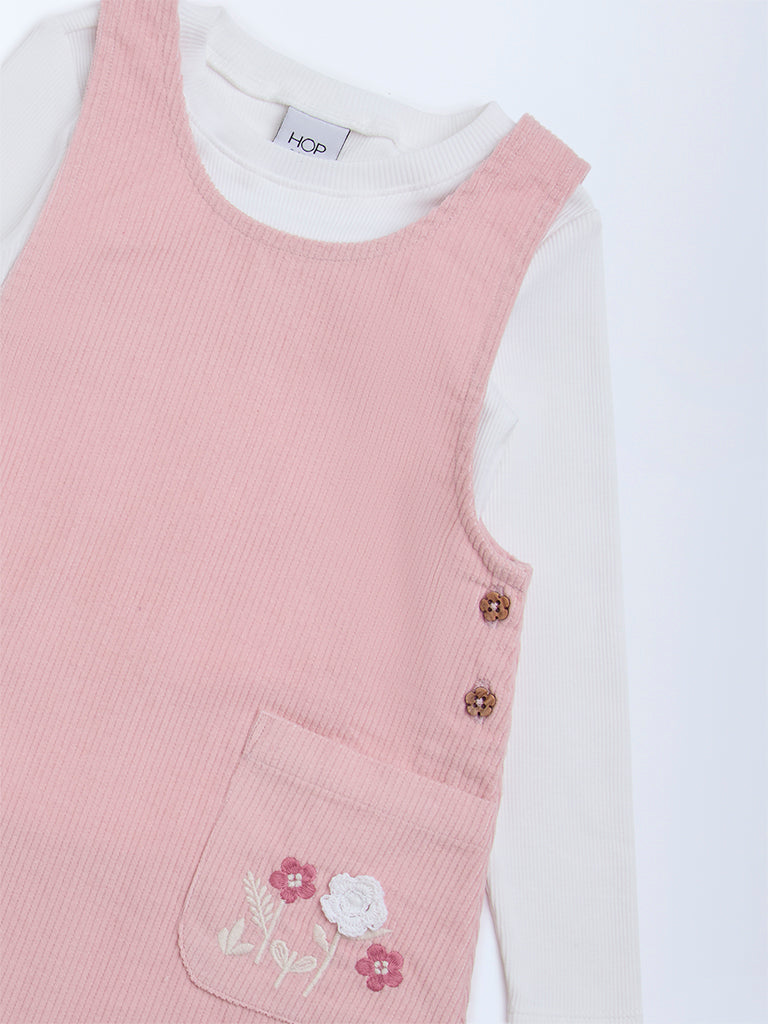 HOP Kids Pink Embroidered Cotton T-Shirt and Pinafore Set