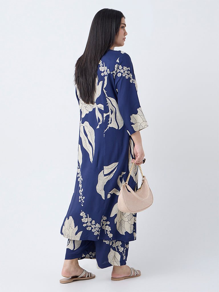 Diza Indigo Floral Printed A-Line Kurta