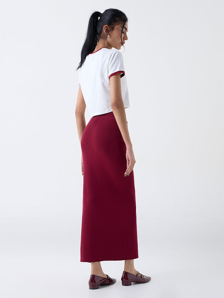 Nuon Maroon Ribbed-Textured High-Rise Cotton Skirt
