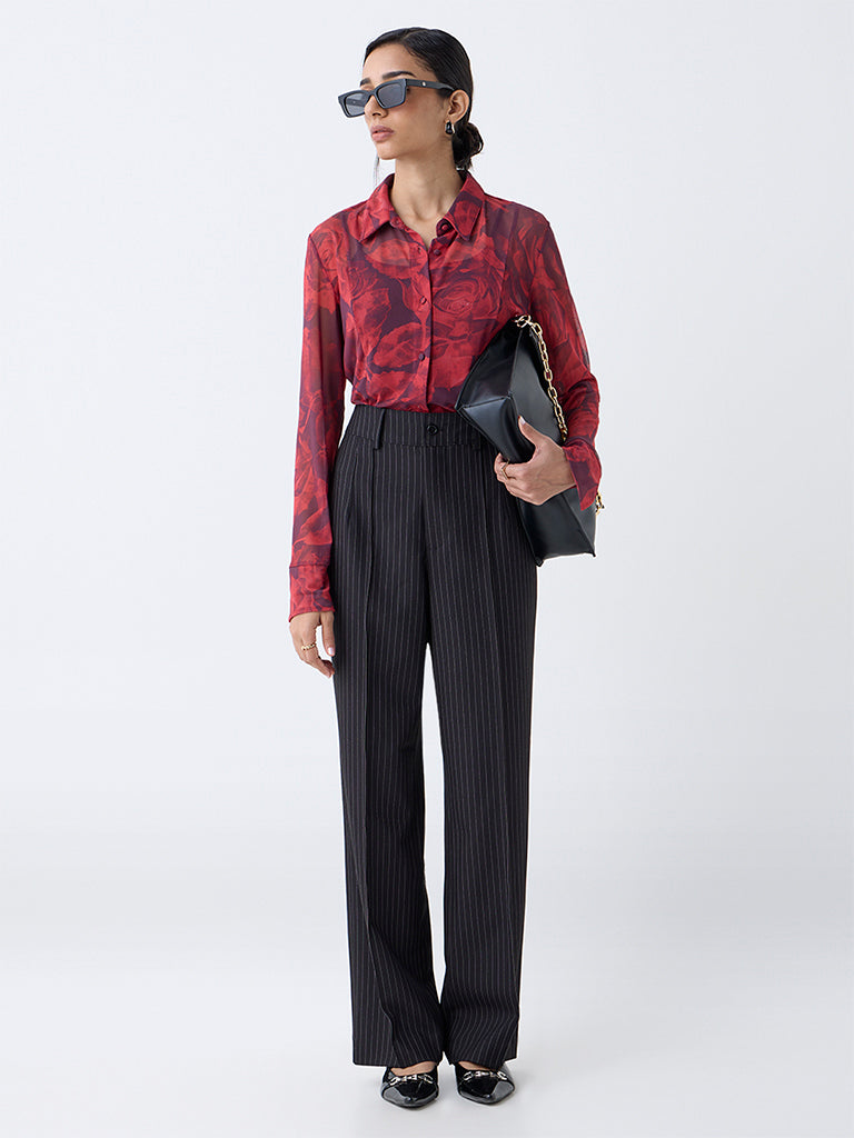 Westside Wardrobe Women's Red Floral Detailed Shirt with Camisole for Work Wear Full View