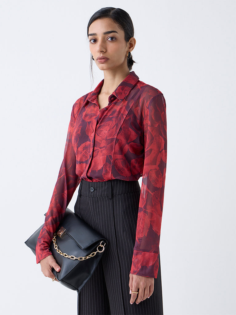 Westside Wardrobe Women's Red Floral Detailed Shirt with Camisole for Work Wear Front view
