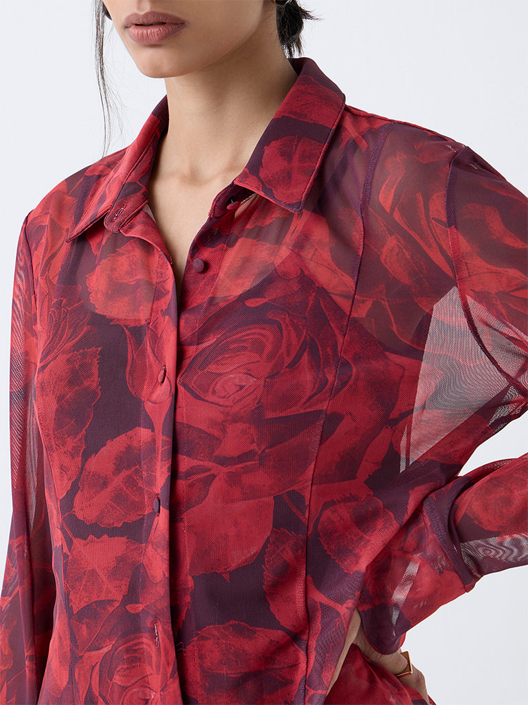 Westside Wardrobe Women's Red Floral Detailed Shirt with Camisole for Work Wear Zoomed View
