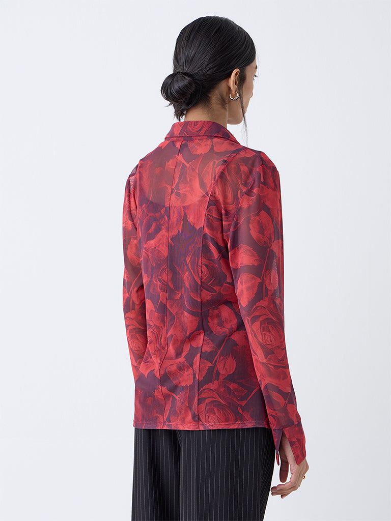 Westside Wardrobe Women's Red Floral Detailed Shirt with Camisole for Work Wear Back View