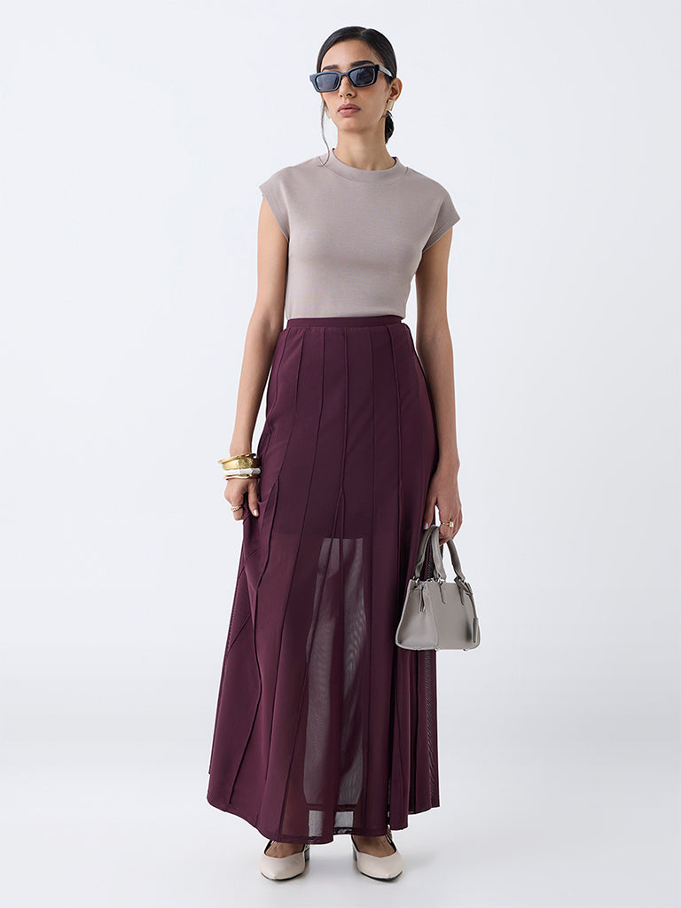Westside Wardrobe Women's Burgundy High-Rise Mesh Skirt for Work Wear Full View