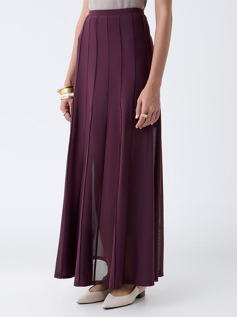 Westside Wardrobe Women's Burgundy High-Rise Mesh Skirt for Work Wear Front view