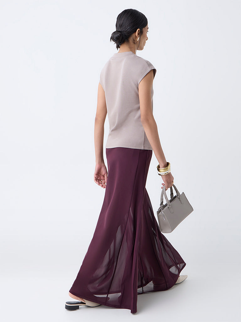 Westside Wardrobe Women's Burgundy High-Rise Mesh Skirt for Work Wear Back View