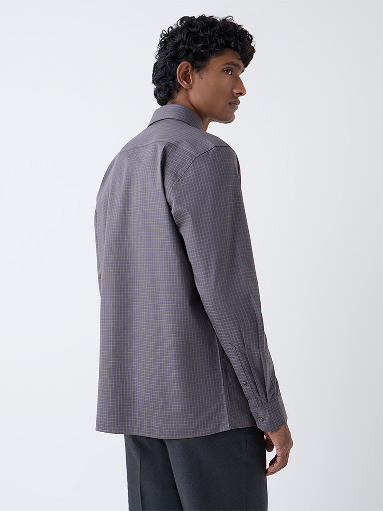 WES Formals Dark Grey Checks Design Slim-Fit Cotton Shirt