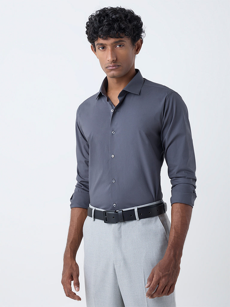 WES Formals Dark Grey Ultra Slim-Fit Cotton-Blend Shirt