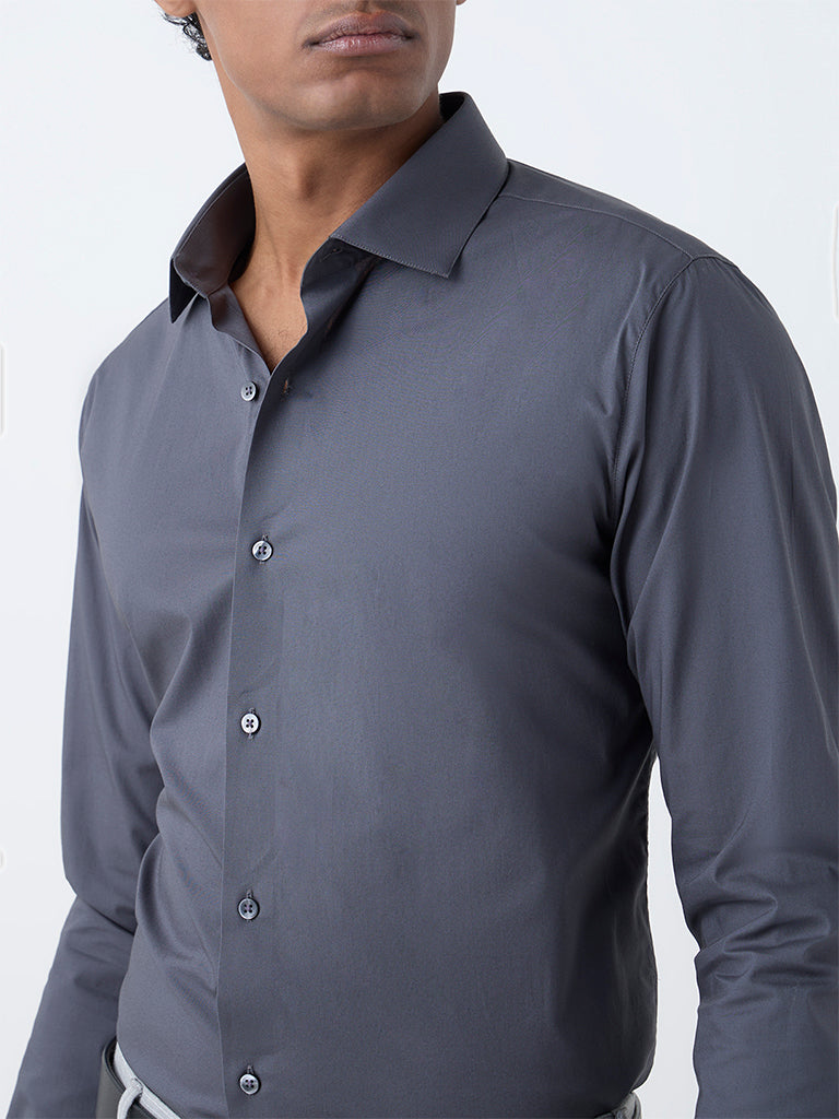 WES Formals Dark Grey Ultra Slim-Fit Cotton-Blend Shirt