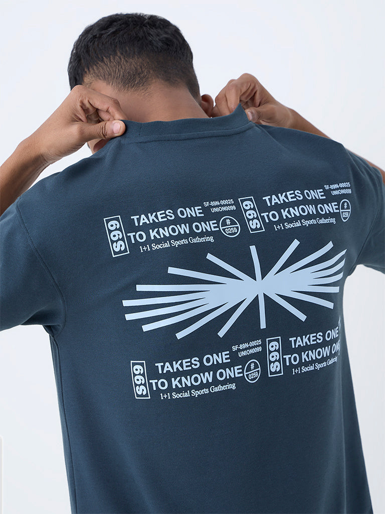 Studiofit Dark Teal Typographic Relaxed-Fit Cotton T-Shirt