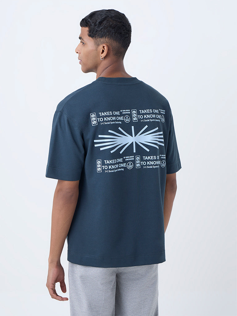 Studiofit Dark Teal Typographic Relaxed-Fit Cotton T-Shirt