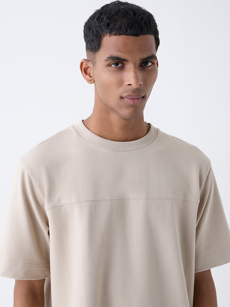Studiofit Beige Self-Textured Relaxed-Fit Cotton-Blend T-Shirt