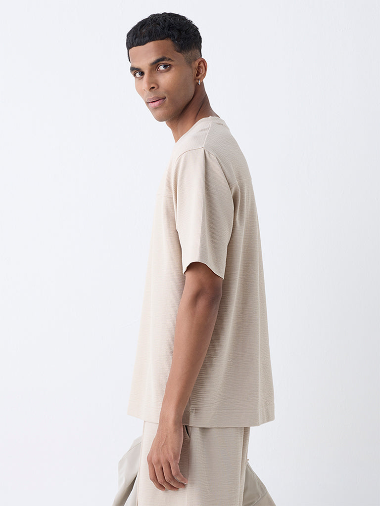 Studiofit Beige Self-Textured Relaxed-Fit Cotton-Blend T-Shirt