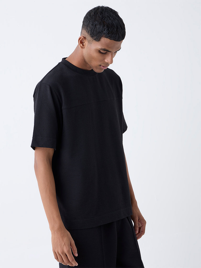 Studiofit Black Self-Textured Relaxed-Fit Cotton-Blend T-Shirt