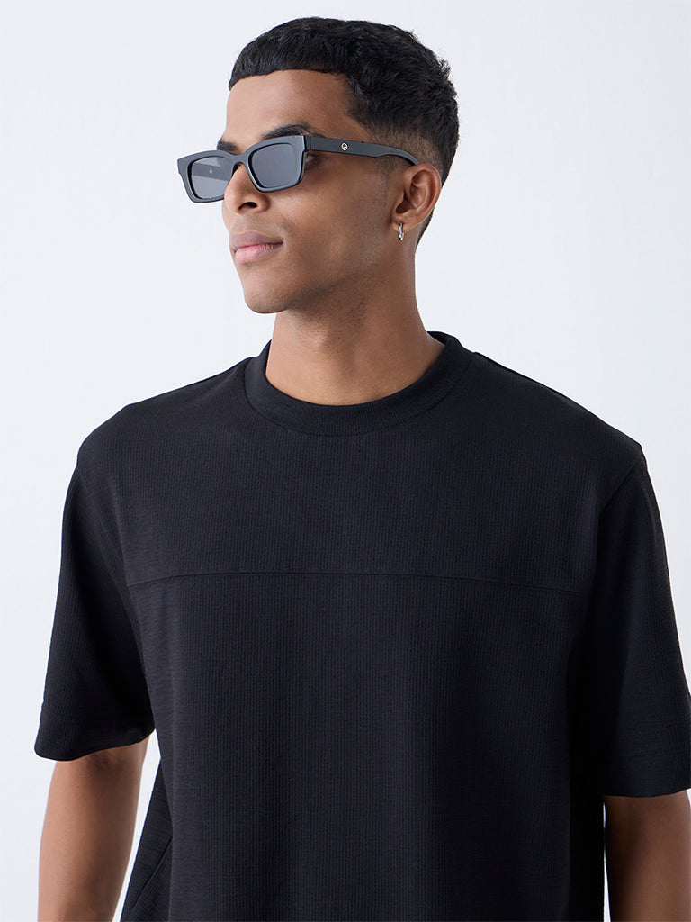 Studiofit Black Self-Textured Relaxed-Fit Cotton-Blend T-Shirt